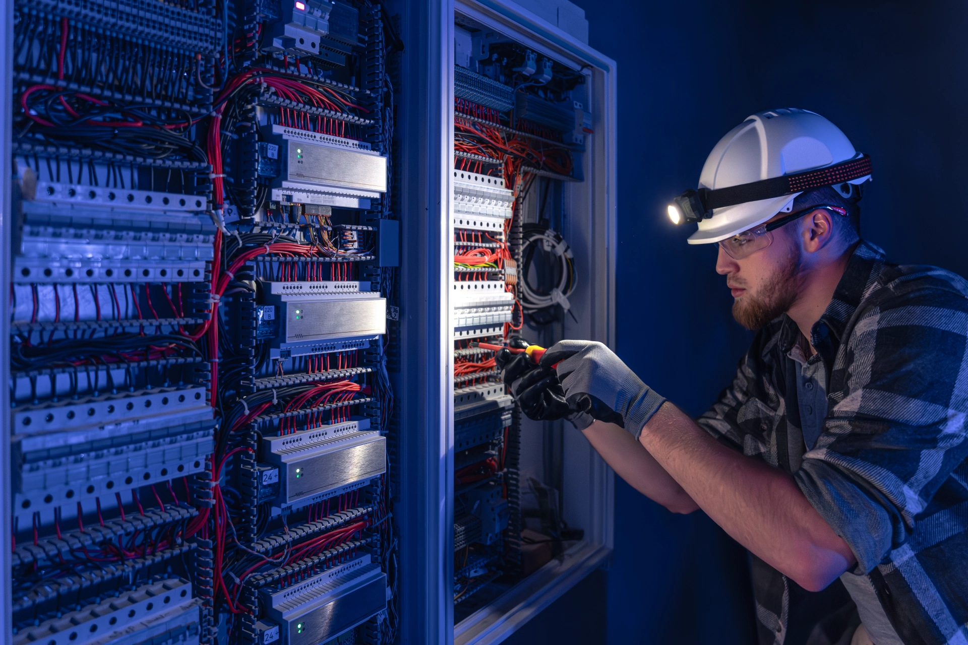 male electrician works switchboard overalls against backdrop emergency lighting