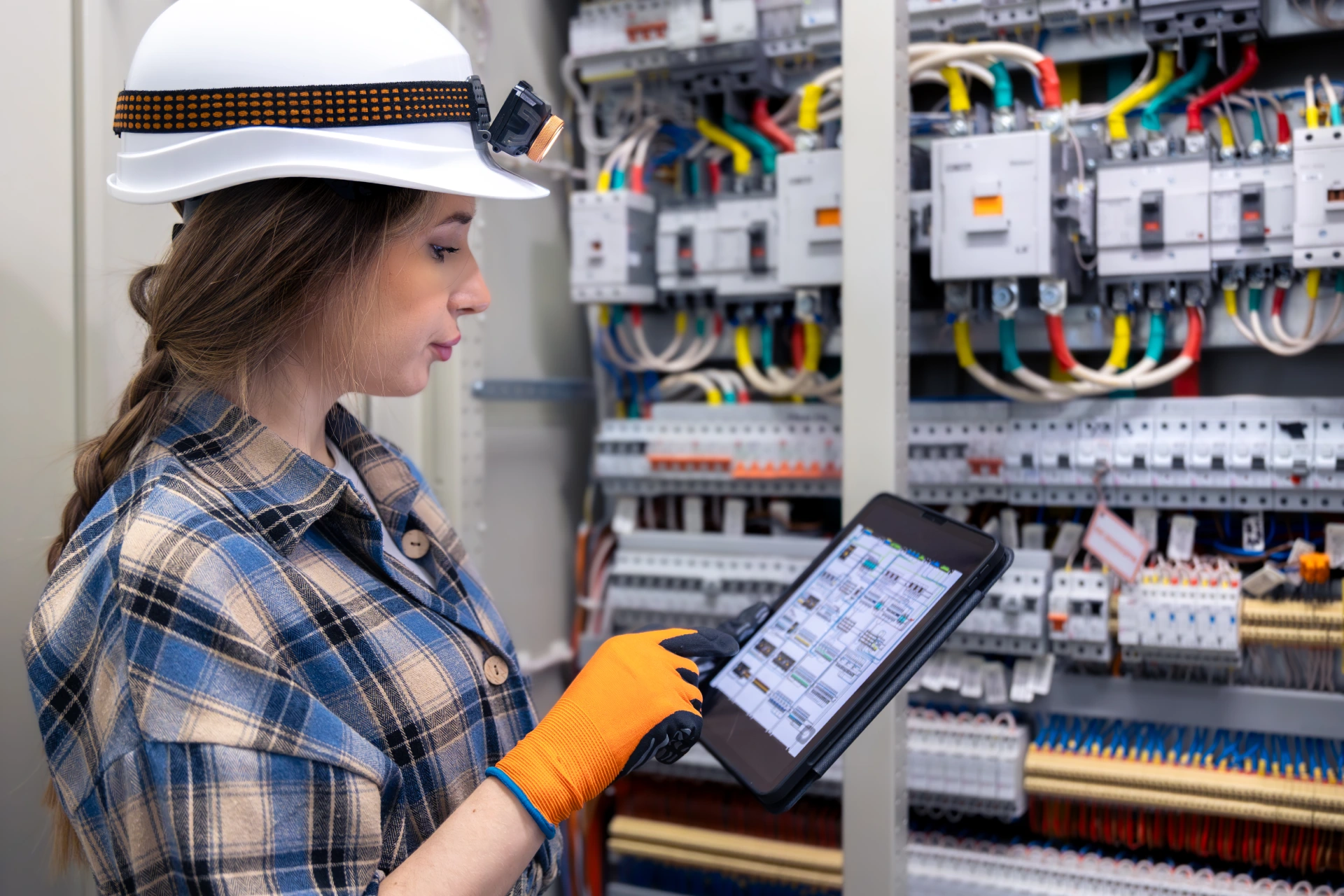 electrician checks switchgear via tablet interface real time control