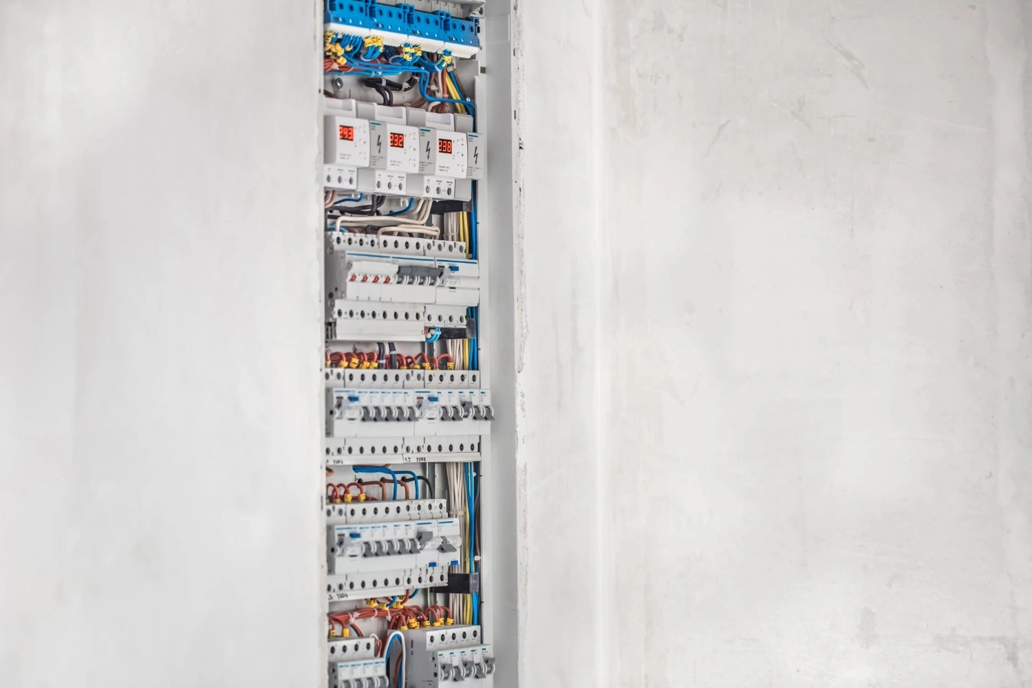 electrician switchboard with fuses connection installation electrical panel with modern equipment concept complex work 1
