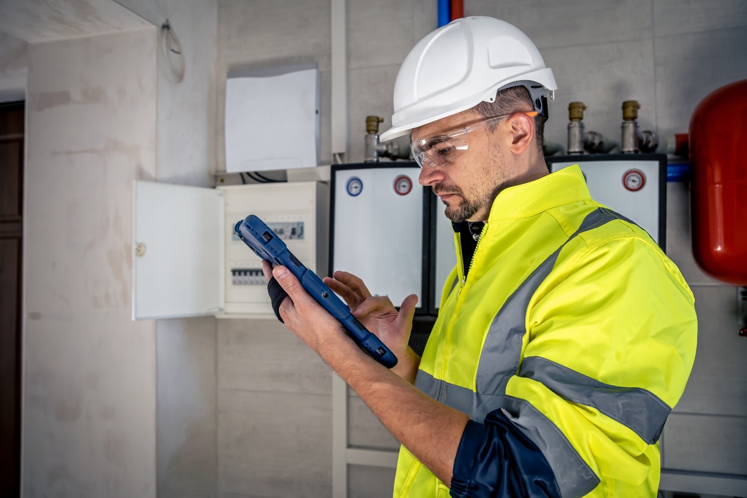man electrical technician working switchboard with fuses uses tablet