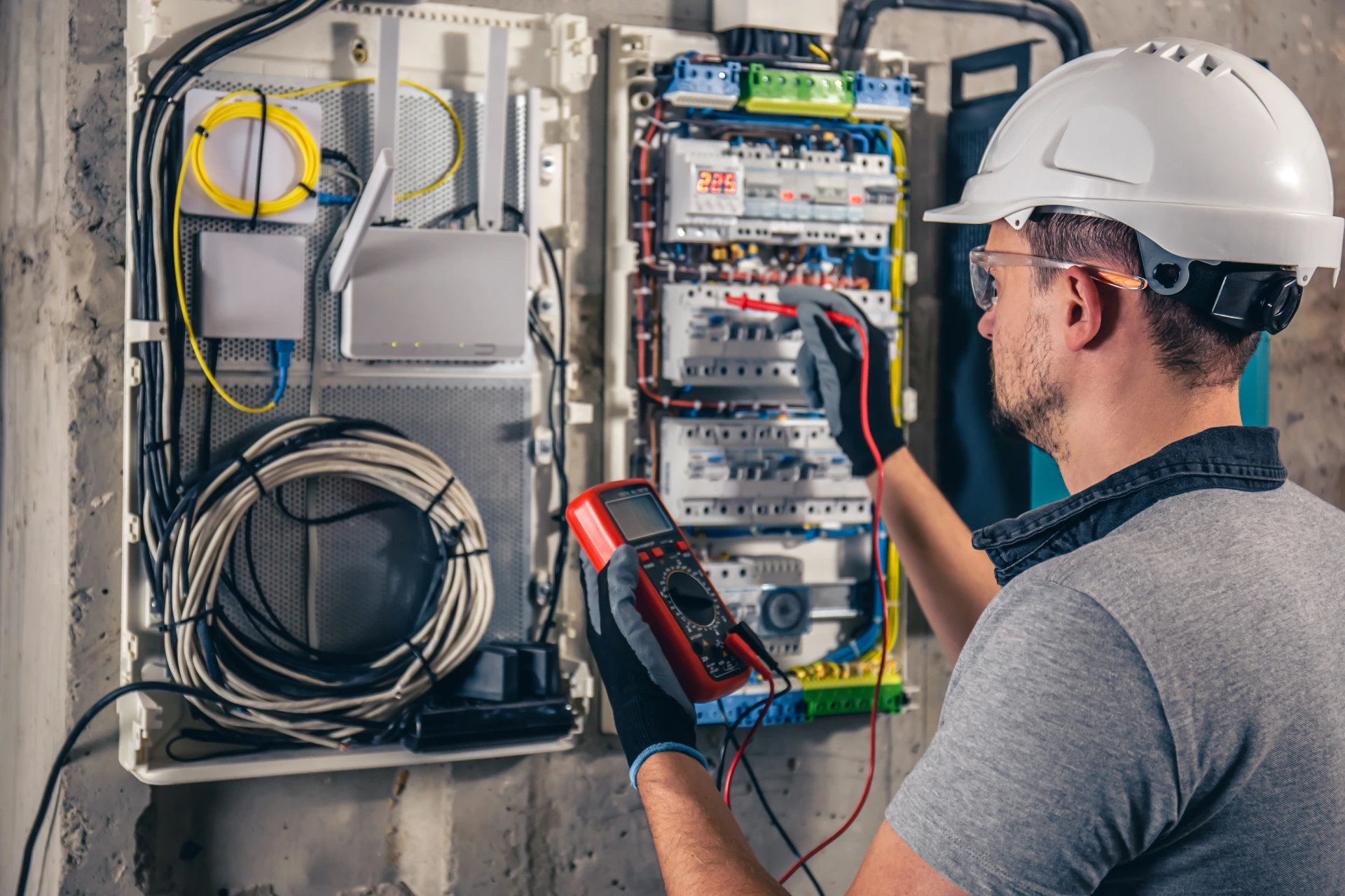 man electrical technician working switchboard with fuses