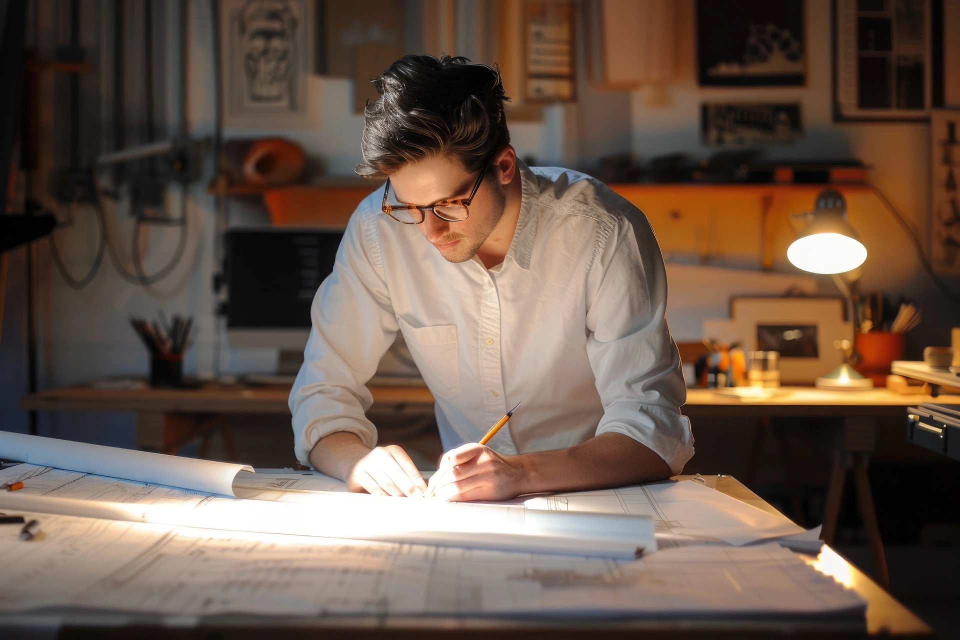 architect is working blueprints office demonstrating design creativity aig58