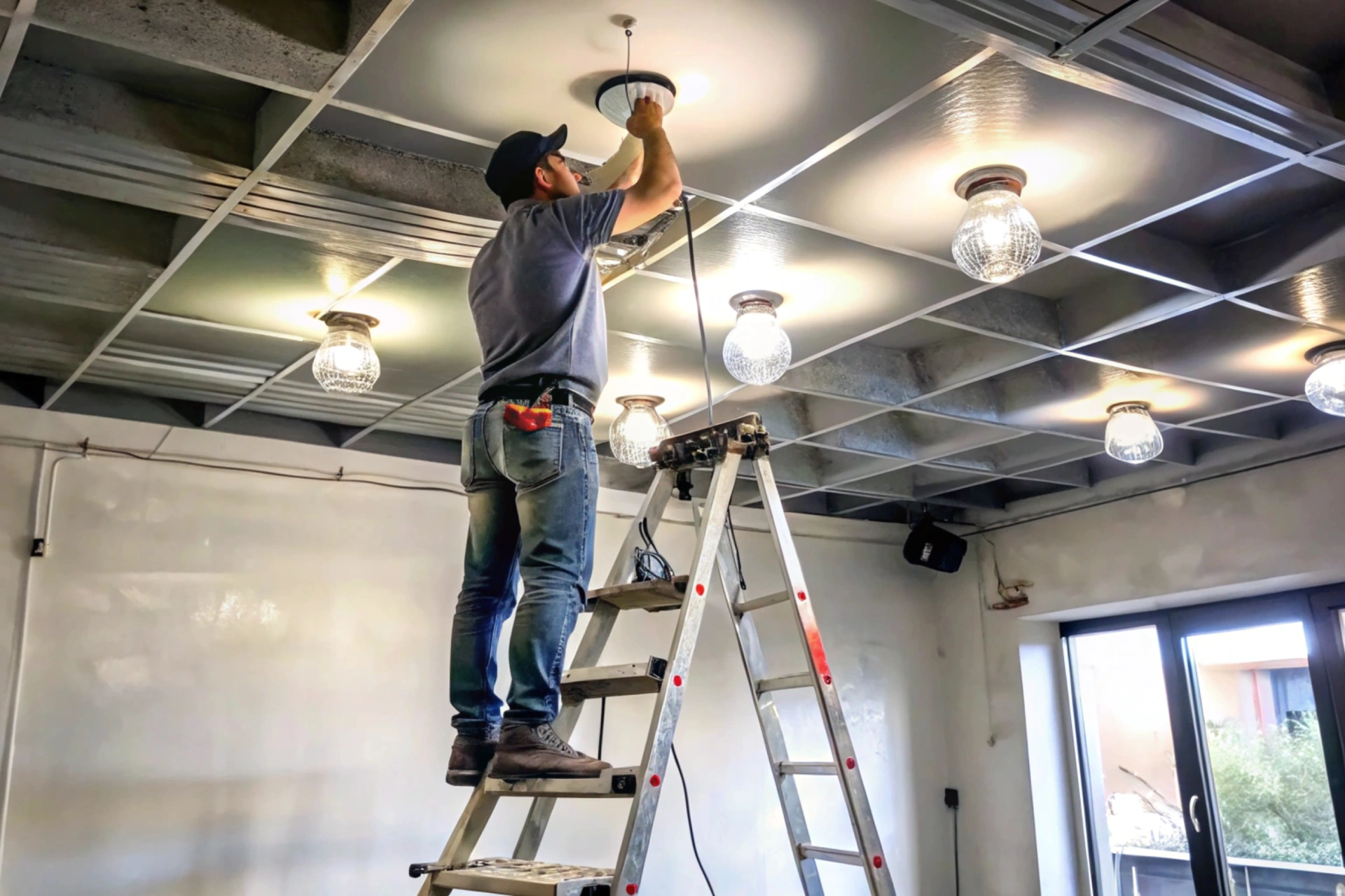 electrician installing light fixtures wiring ceiling lights ladder home